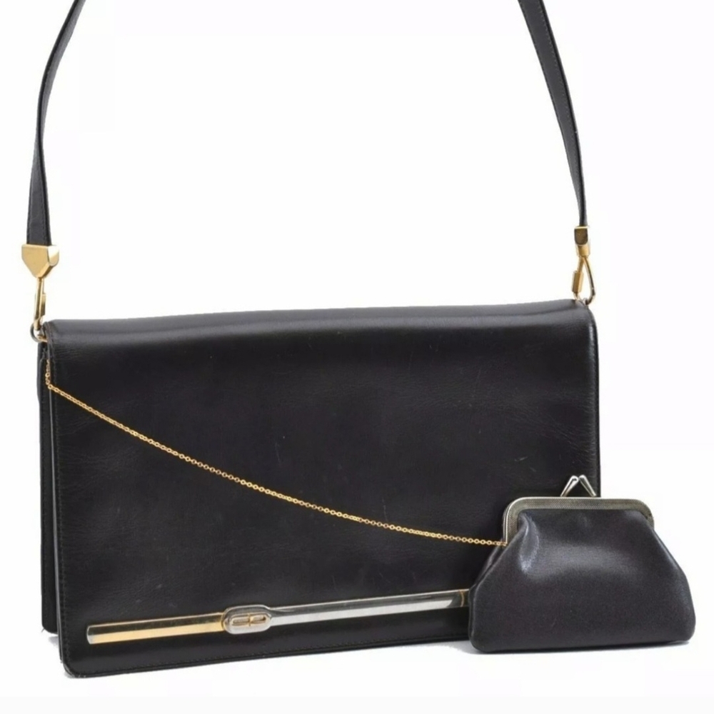 Vintage Dior Elegant Black Leather Shoulder Bag And Coin Purse